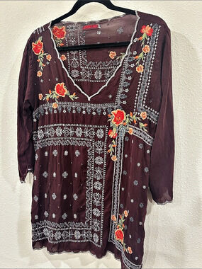 Johnny Was Embroidered Floral Tunic in Brown Size Small
